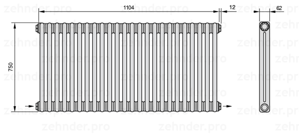 Схема (чертеж) Радиатор Zehnder Charleston 2075/24 №2670 Белый глянцевый RAL 9016